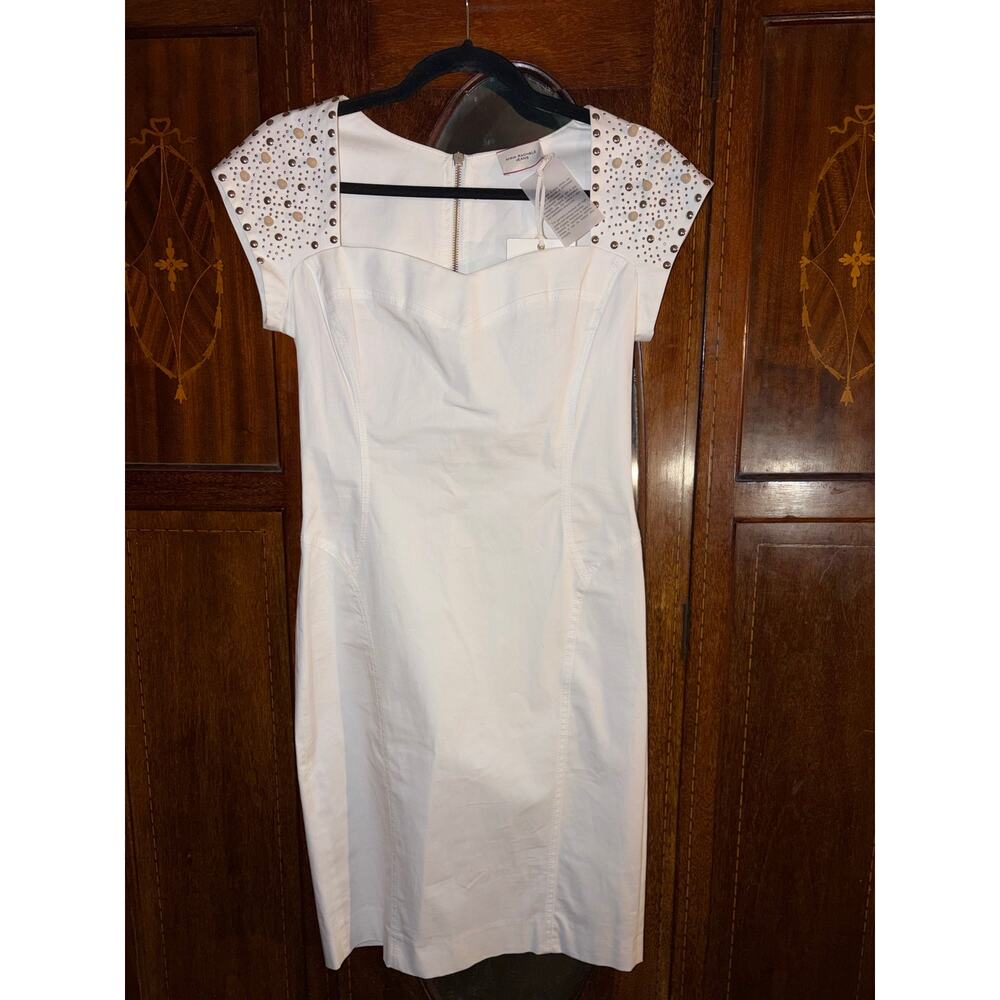 Anna Rachele White Studded Sweetheart Neck Wiggle Dress Made in Italy NWT M / 42